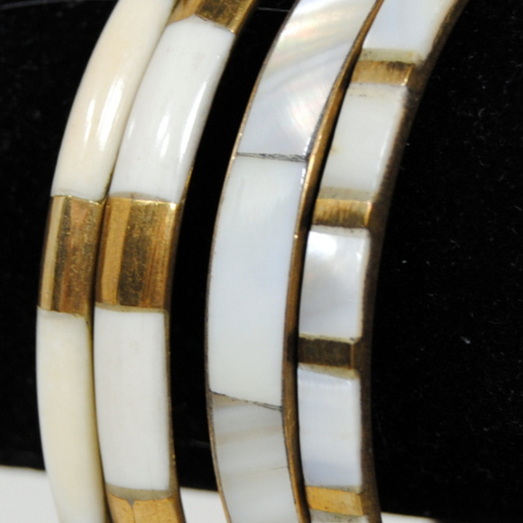 Bangles Mother of Pearl Goldtone Banded Boho - Picture 5 of 5